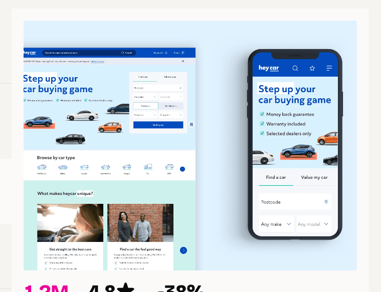 Heycar car search website in a laptop mockup
