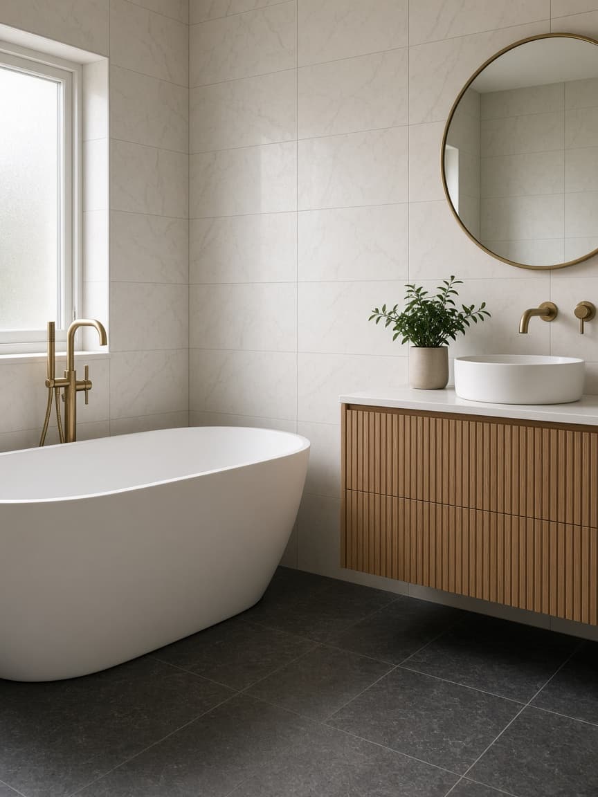 A finished bathroom with a round mirror and plants