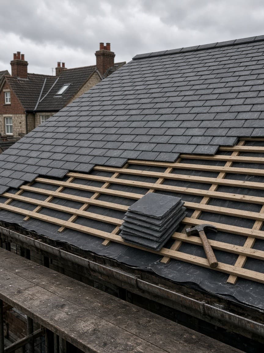 A roofer laying slates on a roof