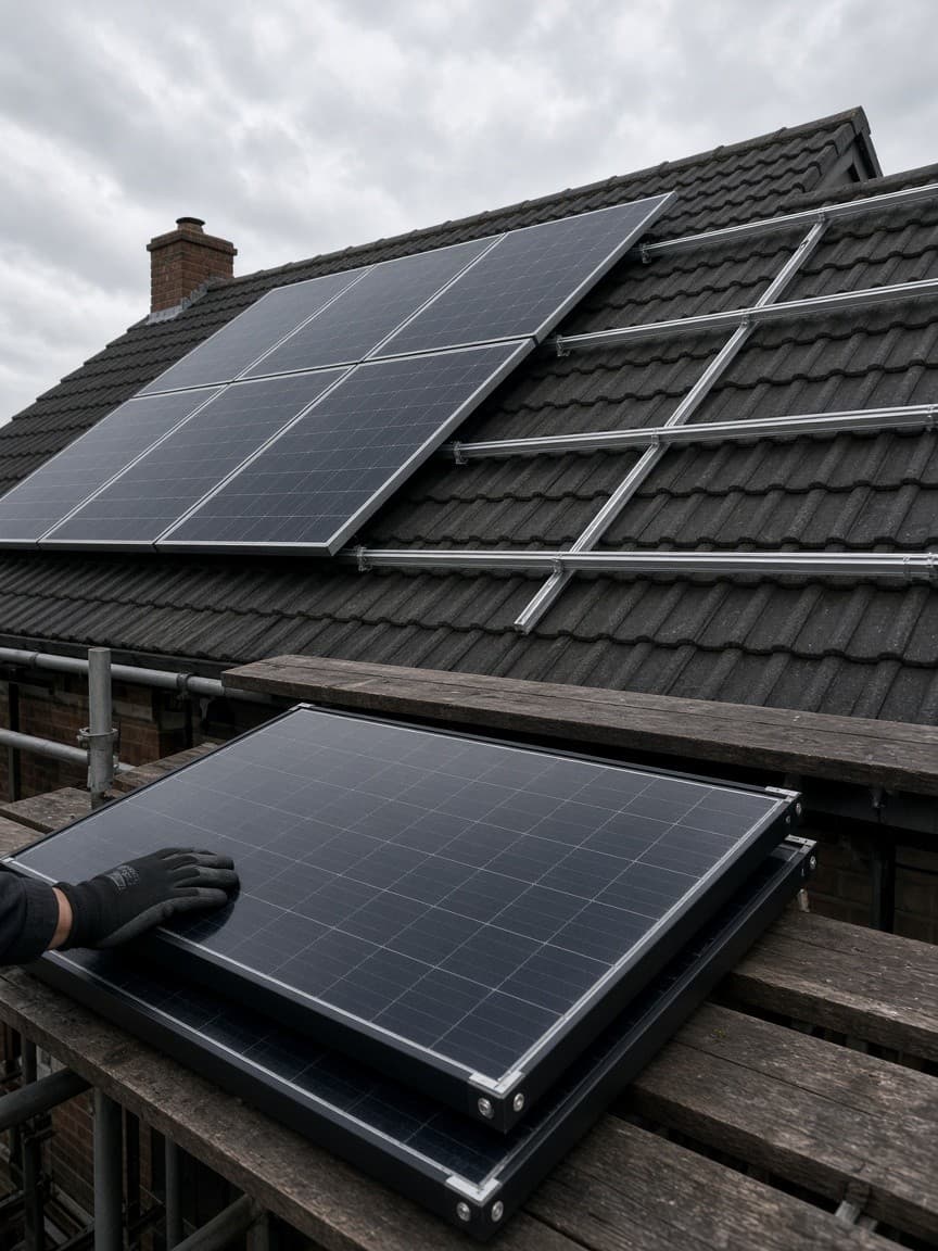 Installers fitting solar panels on a roof